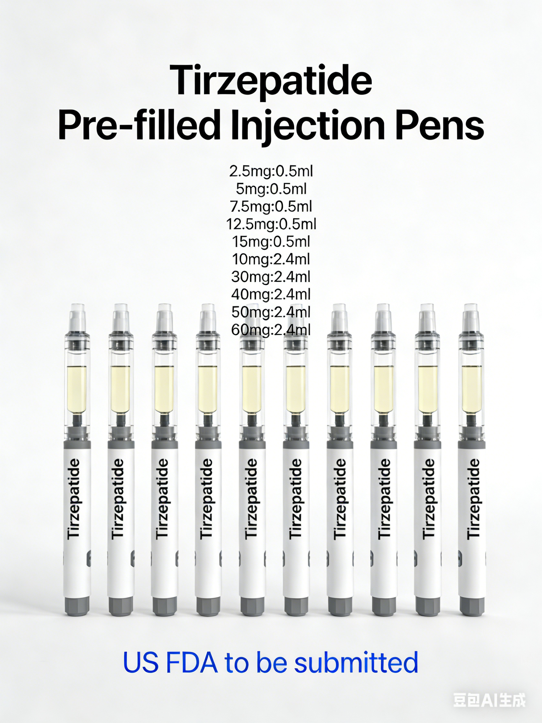 Tirzepatide-2.5mg:0.5ml, 5mg:0.5ml, 7.5mg: 0.5ml, 10mg:0.5ml, 12.5mg: 0.5ml, 15mg: 0.5ml, 10mg:2.4ml, 20mg:2.4ml, 30mg:2.4ml, 40mg:2.4ml, 50mg:2.4ml, 60mg:2.4ml